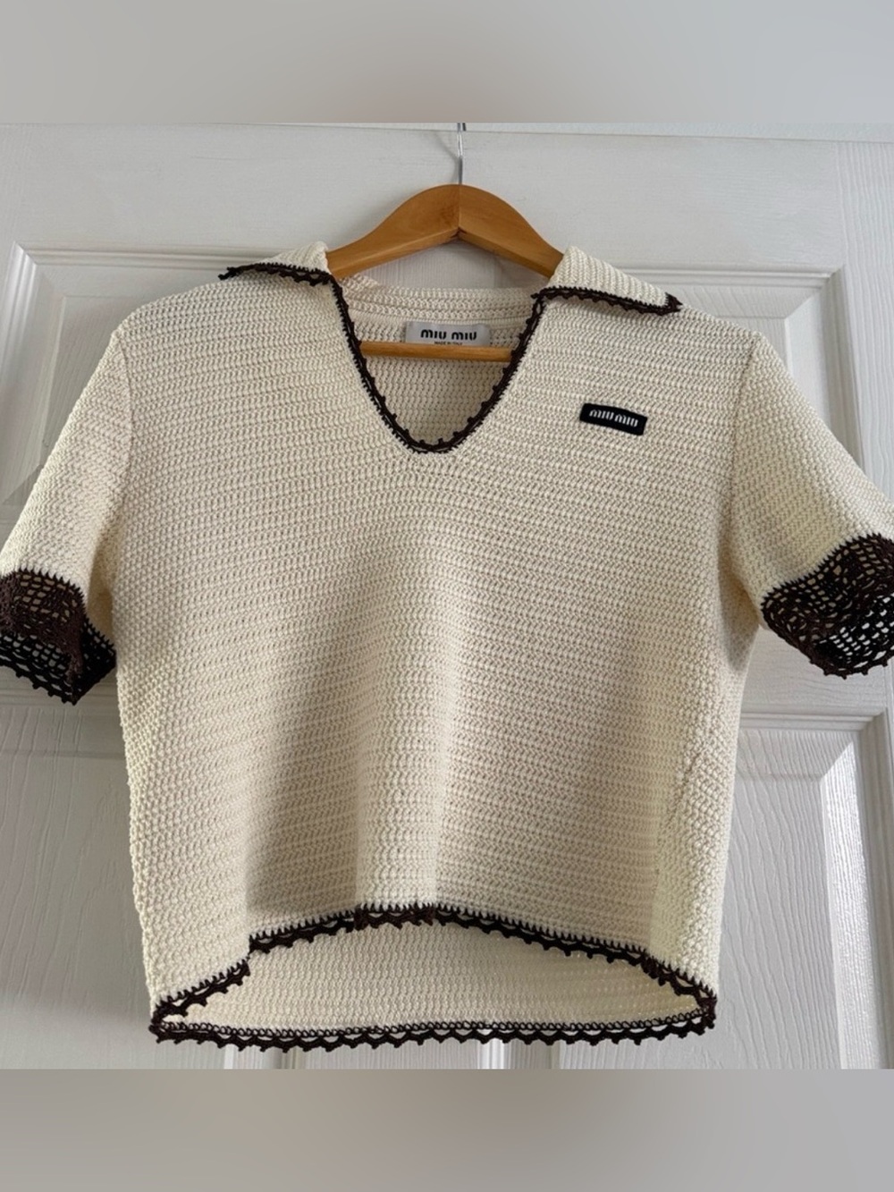 Miu Miu Cream Cropped Knit Polo with Brown Trim